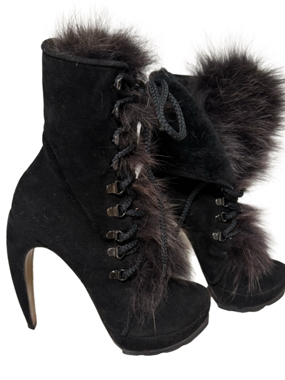 Walter Steiger Black Suede Fox Fur Boots Booties Sz 38/8
